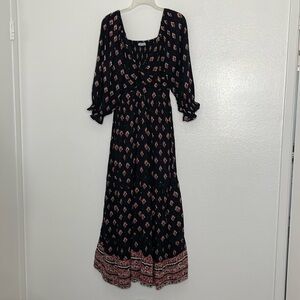 Nostalgia Black Floral 3/4 Sleeve V Neck Tiered Twist Front Rayon Dress Size XL